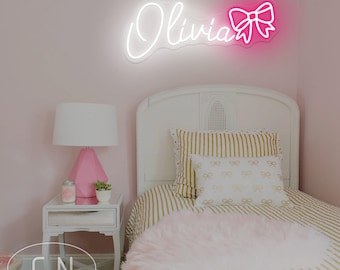 Benutzerdefinierte Schleife Name Leuchtreklame, Kinderzimmer-LED-Schild, Baby Mädchen Zimmer Licht, Kinderzimmer Mädchen Zimmer Hauptwanddekor, Geburtstagsfeier Geschenke, Weihnachtsgeschenke