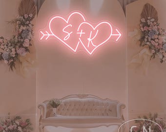 Custom Initials Double Heart Neon Sign,Wedding Neon Sign,Minimalist Wedding Reception Party Backdrop Decor,Gift For Couple