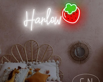 Custom Strawberry Name Neon Sign,Cute Strawberry UV Printed LED Name Sign,Kid's Bedroom Neon Light,Nursery Decor,Christmas Gift For Kids