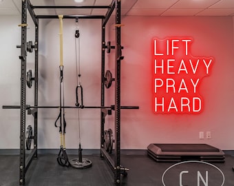 Lift Heavy Pray Hard Neon Sign Custom Home Gym Neon Light Workout Room Fitness Wall Motivational Sign Christian Gym Decor