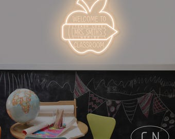 Custom Teacher Name Neon Sign Apple Shape Teacher Name Sign Classroom Decor Teacher Welcome Sign Door Hanger sign Teacher's Gift