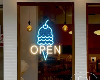 Ice Cream Open Neonschild, Eistüte Neonschild, Open LED Neonlicht, Neon Dessert Schild, Lebensmittelgeschäft Neon Art, Beschilderung Geschenk zur Eröffnung