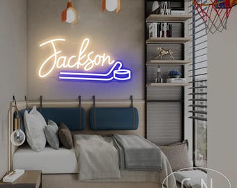 Custom Hockey Name LED Neon Sign,Custom Kids Name Sign,Ice Hockey Lover Neon Room,Sports Bedroom Decor,Kids Name Hockey Gifts