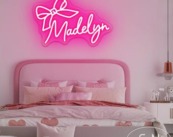Custom Bow Name Neon Sign,Personalized Name Bow  Sign,Pink Bow LED Neon Sign,Girl's Room Nursery Decor,Girly Name Wall Art,Xmas Gift for her