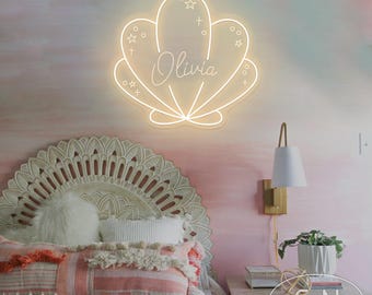 Custom Seashell Name Neon Sign,Baby Girl Mermaid Name Sign,Seashell Wall Decor,Nursery Room Decor,Kids Room Decor,Christmas Gift for Her