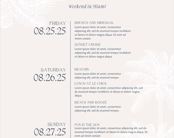 Plantilla editable de itinerario de fin de semana de despedida de soltera – Canva – Tema de palmera rosa pastel