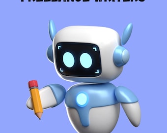 Può includere: Illustrazione 3D di un robot bianco e blu che tiene una matita, con il testo "AI BLOG PROMPTS FOR FREELANCE WRITERS". Il robot ha occhi blu luminosi e una luce blu sul petto, su sfondo azzurro.