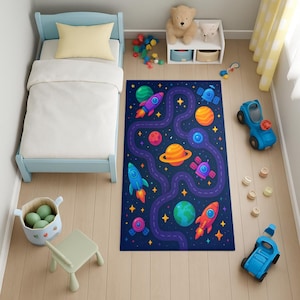 Space Rocket Kids Rug, Galaxy Playroom Carpet, Planet Nursery Floor Mat, Toddler Astronaut Room Decor, Colorful Educational Rug