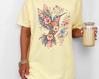 Colorful Floral Hummingbird Comfort Colors Shirt, Bird Lover Tee, Wildflower Birding Apparel, Cute Girly Gift for Her