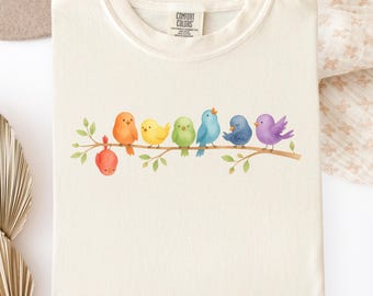 Colorful Birdwatching Tee, Comfort Colors Cute Birds on a Branch Shirt, Funny Bird Nerd Gift, Backyard Birder Nature Lover Top