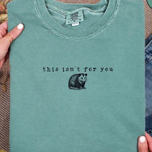 Könnte beinhalten: Hellgrünes T-Shirt mit dem Text "this isn't for you" und einer kleinen Opossum-Illustration. Das Shirt ist gefaltet und wird von Händen gehalten, mit einem Etikett am Ausschnitt. Das Shirt ist von der Marke Comfort Colors.