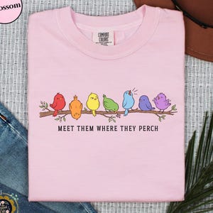 Meet Them Where They Perch Shirt, Colorful Birdwatcher Tee, Inclusive School Counselor Social Worker Gift, Teacher Comfort Colors T-Shirt