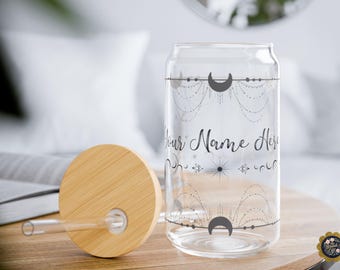 Personalized Celestial Glass Cup, Boho Iced Coffee Cup, Bamboo Lid & Straw