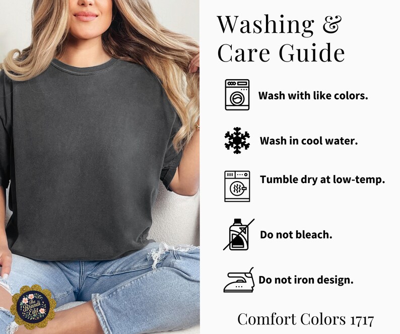 May include: A charcoal grey t-shirt paired with light blue distressed jeans. The right side features a Washing & Care Guide with icons and text: Wash with like colours, Wash in cool water, Tumble dry at low-temp, Do not bleach, Do not iron design.