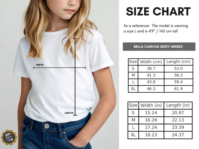 Puede incluir: Una camiseta blanca lisa de manga corta etiquetada como Bella Canvas 3001Y Unisex. La imagen incluye una tabla de tallas con medidas de ancho y largo en cent&iacute;metros y pulgadas para las tallas S, M, L y XL, indicando una altura de 145 cm.