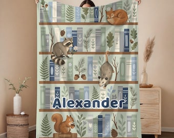 Personalized Woodland Animal Baby Blanket, Bookshelf Nursery Decor