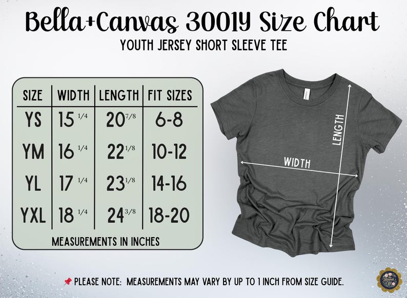 Puede incluir: Una tabla de tallas de camiseta de manga corta juvenil Bella+Canvas 3001Y con una camiseta gris oscuro que muestra l&iacute;neas de medici&oacute;n de ancho y largo. La tabla enumera las tallas YS, YM, YL y YXL con medidas en pulgadas y tallas 6-20.