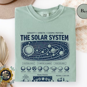 May include: A pale green t-shirt featuring a navy blue illustration of the solar system, including the sun, planets, and their orbits. The text "THE SOLAR SYSTEM" is above the graphic, with additional text below describing elliptical paths and planetary alignment.