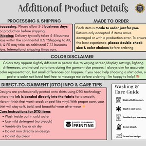 Puede incluir: Un gr&aacute;fico informativo titulado Additional Product Details con secciones sobre procesamiento, pol&iacute;ticas de pedidos, avisos de color e instrucciones de cuidado para la impresi&oacute;n directa en prendas. Incluye una gu&iacute;a de lavado.
