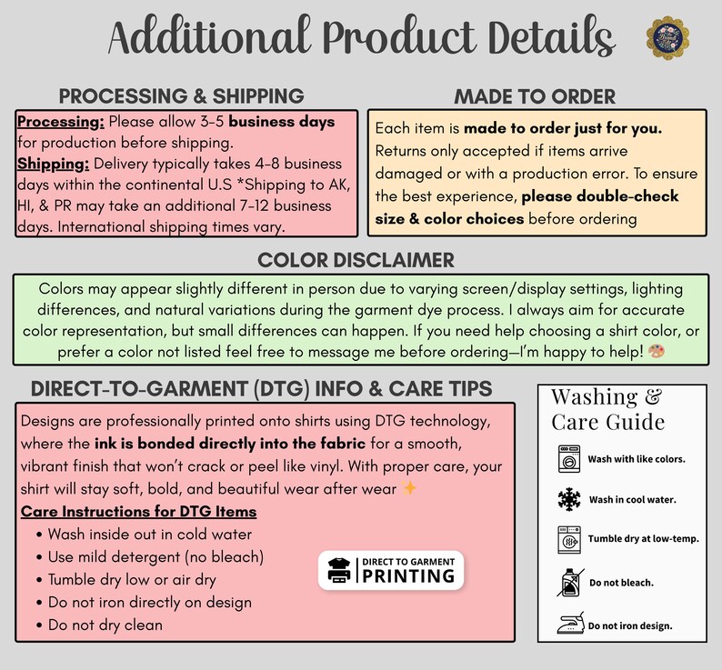 Puede incluir: Un gr&aacute;fico informativo titulado Additional Product Details con secciones sobre procesamiento, pol&iacute;ticas de pedidos, avisos de color e instrucciones de cuidado para la impresi&oacute;n directa en prendas. Incluye una gu&iacute;a de lavado.