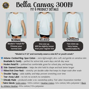 Puede incluir: Una camiseta blanca Bella Canvas 3001y mostrada en ajustes normal, relajado y extragrande. El gr&aacute;fico incluye texto que detalla caracter&iacute;sticas del producto como algod&oacute;n Airlume peinado e hilado en anillos, costuras laterales y cuello redondo.