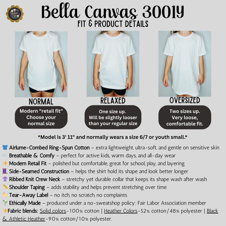 Puede incluir: Una camiseta blanca Bella Canvas 3001y mostrada en ajustes normal, relajado y extragrande. El gr&aacute;fico incluye texto que detalla caracter&iacute;sticas del producto como algod&oacute;n Airlume peinado e hilado en anillos, costuras laterales y cuello redondo.