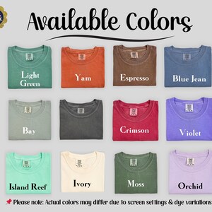 May include: A colour chart displaying twelve t-shirts in various shades labelled Light Green, Yam, Espresso, Blue Jean, Bay, Crimson, Violet, Island Reef, Ivory, Moss, and Orchid. The text Available Colours appears at the top, with a disclaimer at the bottom.