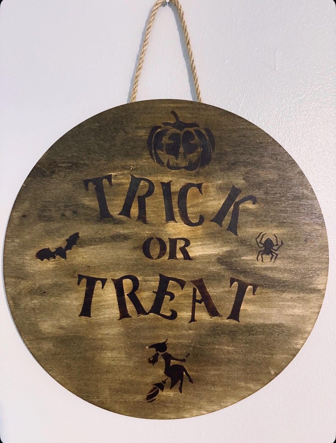 14 Inch Round Disc Wood Burned and Stained Halloween Decoration With a ...