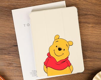 Yellow Cute Winnie the Pooh iPad Case with Apple Pencil Holder For iPad 11/10/9 2025 iPad Air 7/6/5 Mini 7/6/5 iPad Pro 9.7"11"12.9inch 2024
