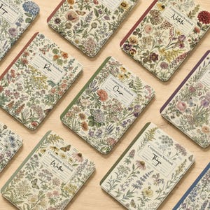 Peut inclure: Une collection de cahiers de composition avec des couvertures couleur crème ornées d'illustrations botaniques détaillées de fleurs sauvages, de feuilles et de papillons. Chaque cahier présente une étiquette blanche avec le texte Composition Notebook.