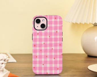 Rosa rutigt stjärnor hårt telefonskal för iPhone 17/16/15/14/13/12 Pro Max iPhone 16 15 14 Plus 13 12 Mini X XS XR SE Nytt 16e tufft skal