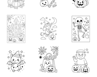 May include: Black and white Halloween coloring pages with various spooky illustrations. The pages feature a ghost, pumpkin, cat, witch, skeleton, and other Halloween-themed characters. The text at the top reads "HALLOWEEN COLORING PAGES 10 PRINTABLE PAGES."