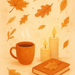 Könnte beinhalten: Eine Illustration mit Herbstthema. Eine dampfende Kaffeetasse steht neben zwei brennenden Kerzen und einem geschlossenen Buch, alles in Orange- und Brauntönen. Verstreute Blätter vervollständigen die Szene.