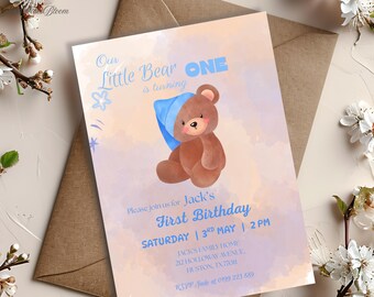 Little Bear's First Birthday - Blue Watercolor Design ( Digital Template)