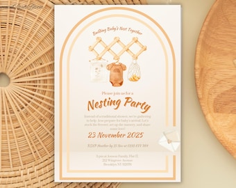 May include: A cream-colored invitation for a nesting party, featuring a watercolor illustration of baby clothes and a net bag with oranges. The text reads "Building Baby's Nest Together" and "Nesting Party". The date is November 23, 2025.