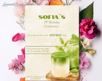 Matcha Birthday Invitation Template: Modern Green Design (Digital Product, 5x7 inches)