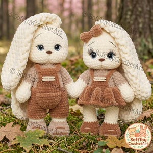 May include: Two handmade crochet bunny dolls. One wears brown dungarees, the other a brown dress with a bow. Both have long, floppy ears, blue eyes, and are holding hands. The dolls are made with soft, textured yarn. The text "SoftToyCrochetArt" is visible.