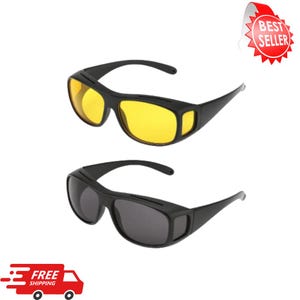 May include: Two pairs of wrap-around sunglasses. One pair has black frames with yellow lenses, and the other has black frames with gray lenses. The sunglasses are designed to fit over prescription glasses.