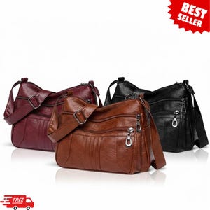 Soft PU Leather Crossbody Bag, Multi-Zipper Shoulder Handbag for Women