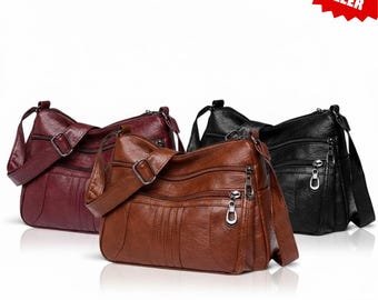 Soft PU Leather Crossbody Bag, Multi-Zipper Shoulder Handbag for Women