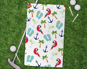 Toalla de golf con símbolos de Jimmy Buffett, toalla deportiva Buffett, para fans de Buffett, regalo para golfistas, regalo para amantes de la playa, cabeza de loro Margarita con palmeras