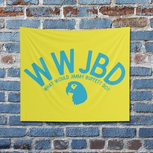 Tapiz de pared interior &quot;¿Qué haría Jimmy Buffett?&quot;, Arte mural playero, Regalo para un fan de Buffett, Decoración de casa de playa, Bandera de cabeza de loro amarilla y turquesa