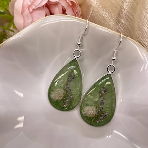 Pearly white & Sage green custom mix Pair of earrings accented in real flowers hypoallergenic gifts for her-gifts-birthday”