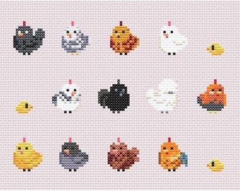 Poules, point de croix, motif Silkie Sebright Frizzle, téléchargement PDF