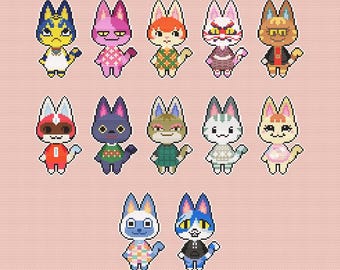 Modèle de point de croix Animal Crossing avec chats, partie A, téléchargement PDF
