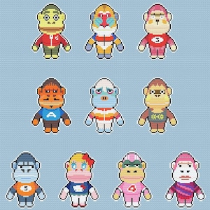 Puede incluir: Una colección de nueve personajes de monos en pixel art, cada uno con rasgos faciales y atuendos únicos. Los personajes son de varios colores, incluyendo amarillo, naranja, azul y rosa, sobre un fondo azul claro.