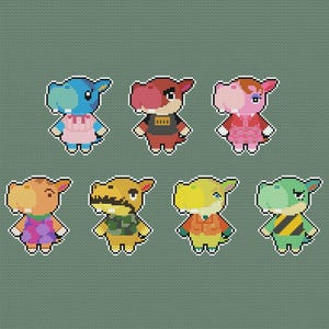 May include: A cross-stitch pattern featuring seven distinct hippo characters arranged in two rows. Each character is rendered in a pixelated style with unique color schemes, including blue, red, pink, orange, yellow, and green, wearing varied outfits.