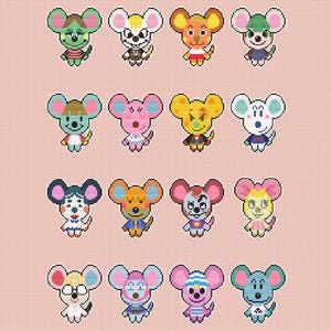 May include: A grid of 16 pixel art mice characters, each with unique colors and outfits. The mice have various ear colors, including green, yellow, pink, and blue. They wear outfits like dresses, shirts, and hats, set against a light pink background.