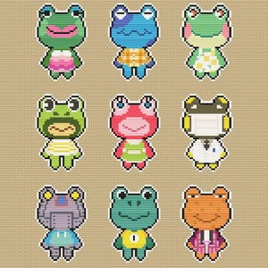 May include: Nine pixelated frog characters in various colors and outfits, including green, blue, pink, and orange. Each frog has a unique design, with different clothing and accessories, set against a tan background.