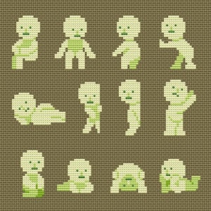 May include: Cross-stitch pattern featuring multiple figures in various poses. The figures are light green with darker green accents, set against a brown background. The figures are in different positions, including sitting, standing, and lying down. The overall theme is a whimsical, pixelated design.